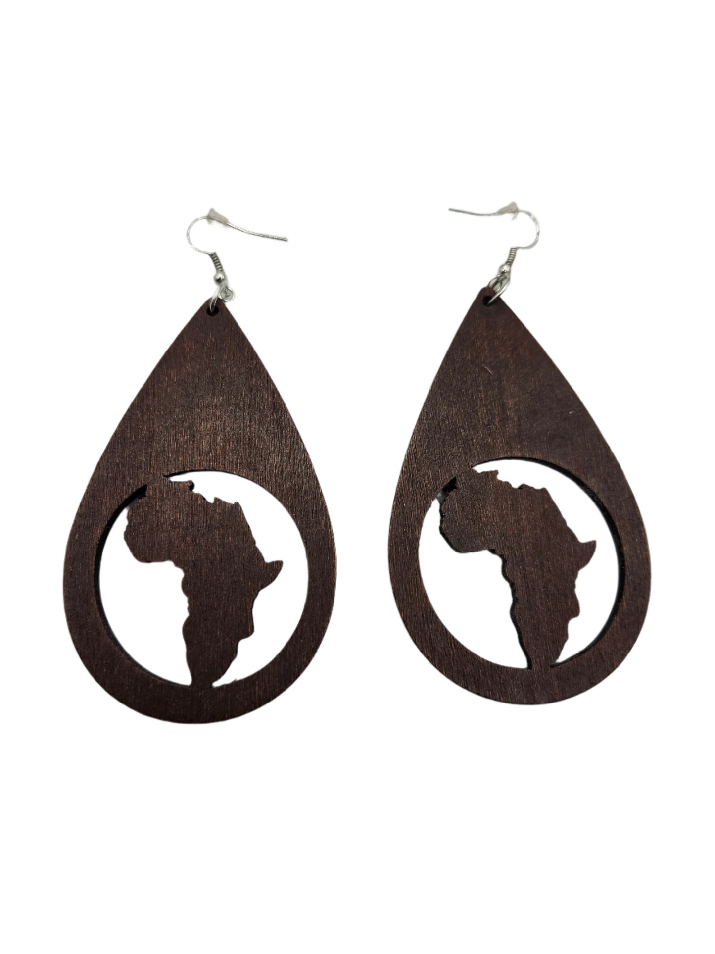Africa Map in Oval Drop Earrings | Dk Brown Wood