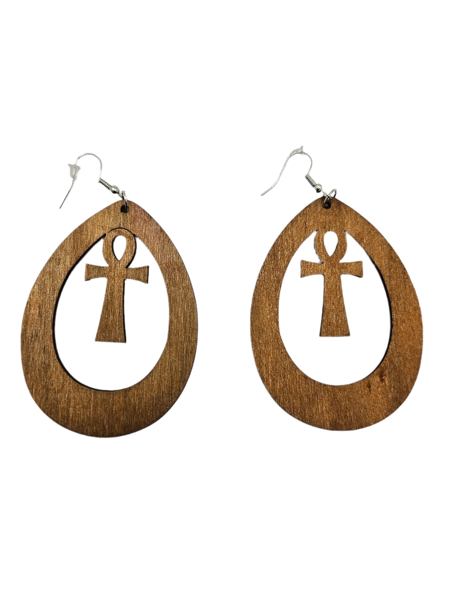 Ankh Oval Earrings | Brown Wood