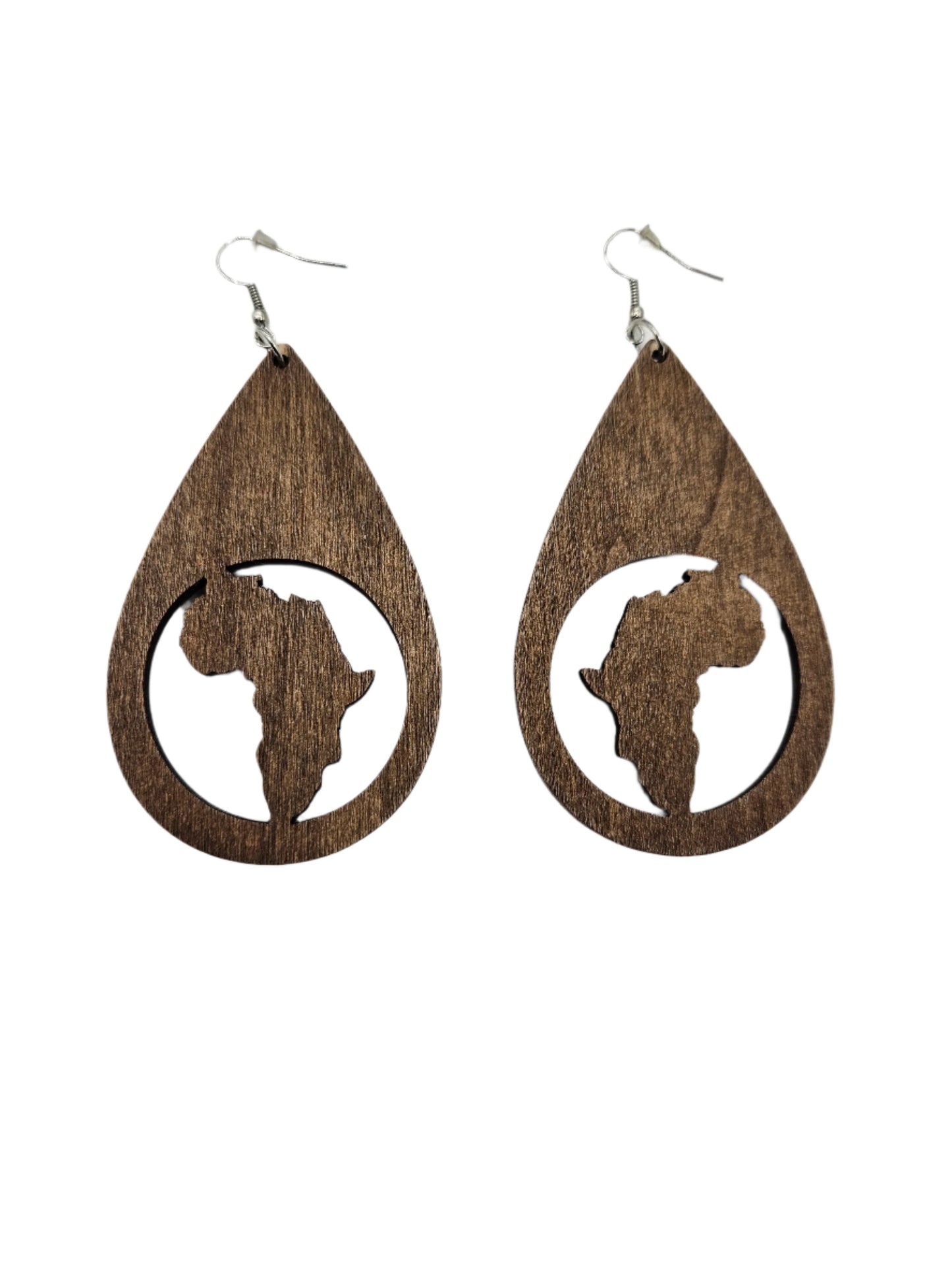 Africa Map in Oval Drop Earrings | Brown Wood
