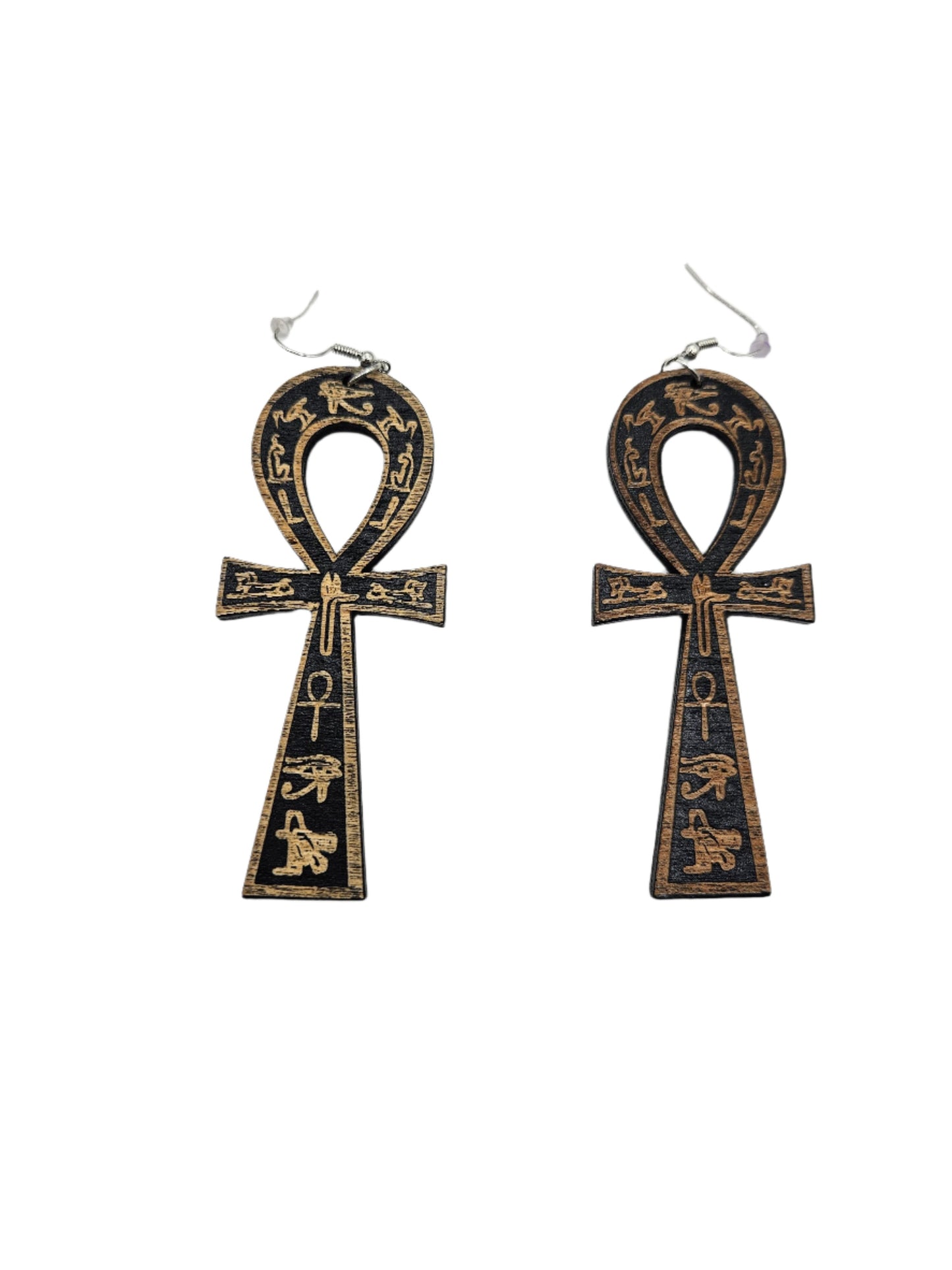 Large Ankh with Egyptian Etchings | Black w/Gold Wood